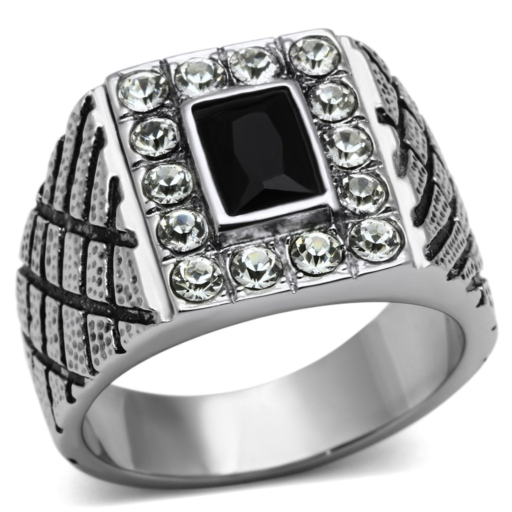 Rings for Men Silver Stainless Steel TK700 with Glass in Jet