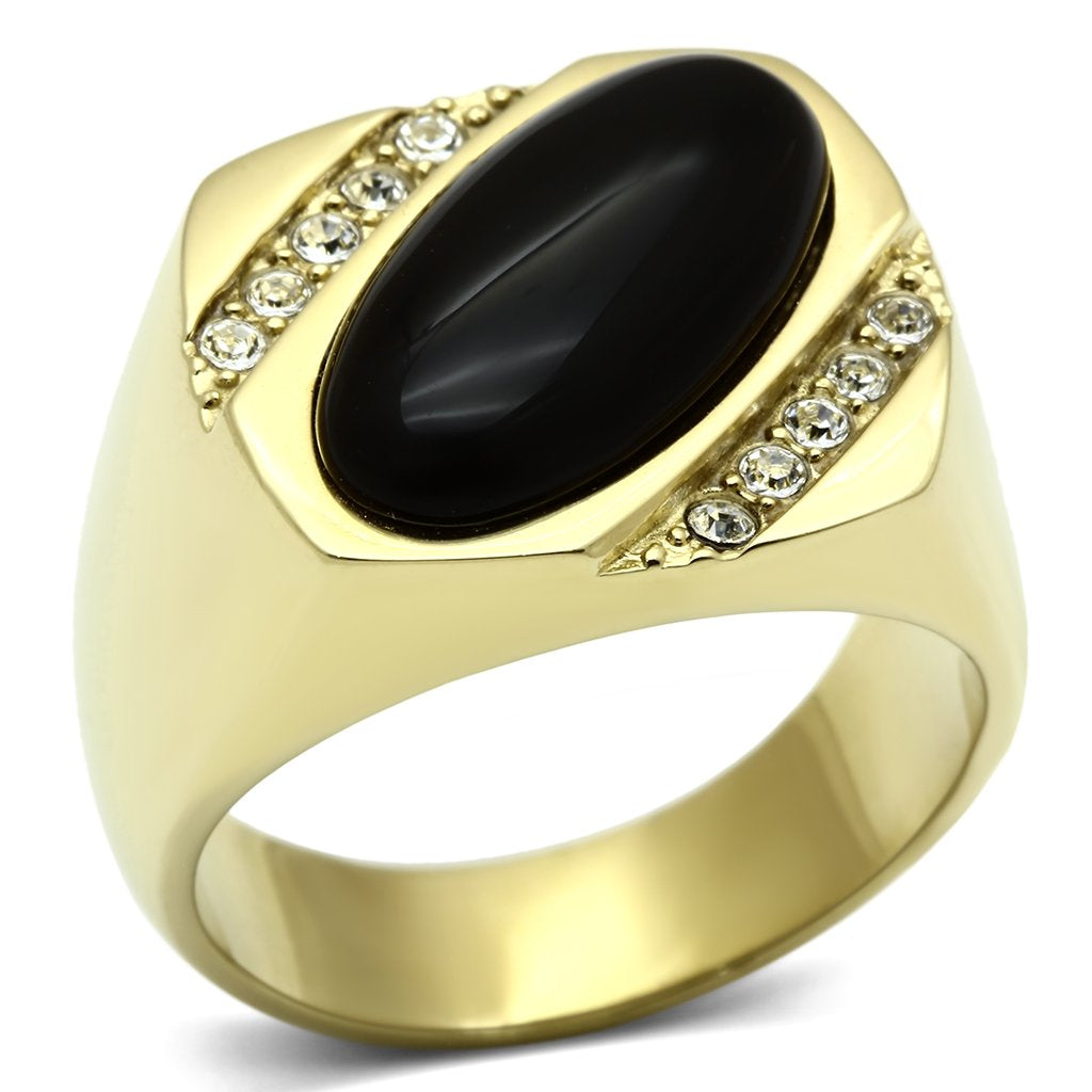 Gold Rings for Men Stainless Steel TK716 with Semi-Precious Onyx in Jet