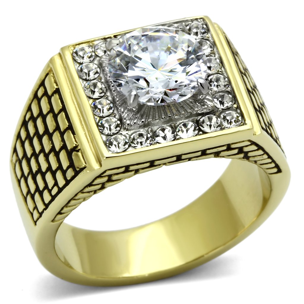 Gold Rings for Men Stainless Steel TK735 Two-Tone with AAA Grade Cubic Zirconia in Clear
