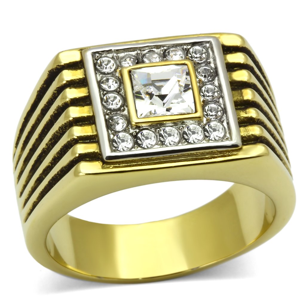 Gold Rings for Men Stainless Steel TK750 Two-Tone with Top Grade Crystal in Clear